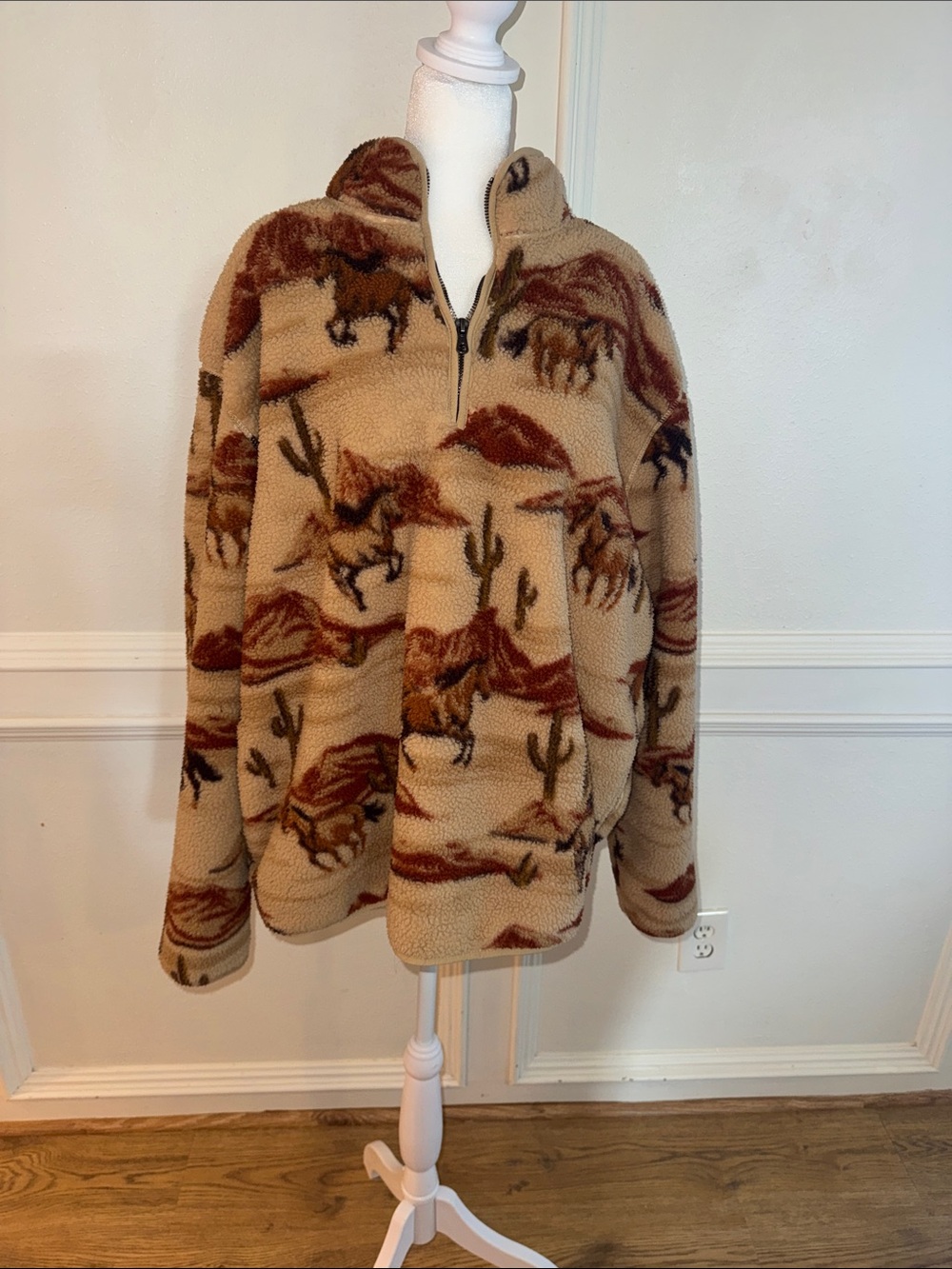 Tan Brown Western Horse Zip-Up Fleece Sweater Faux-Sherpa w Pockets
